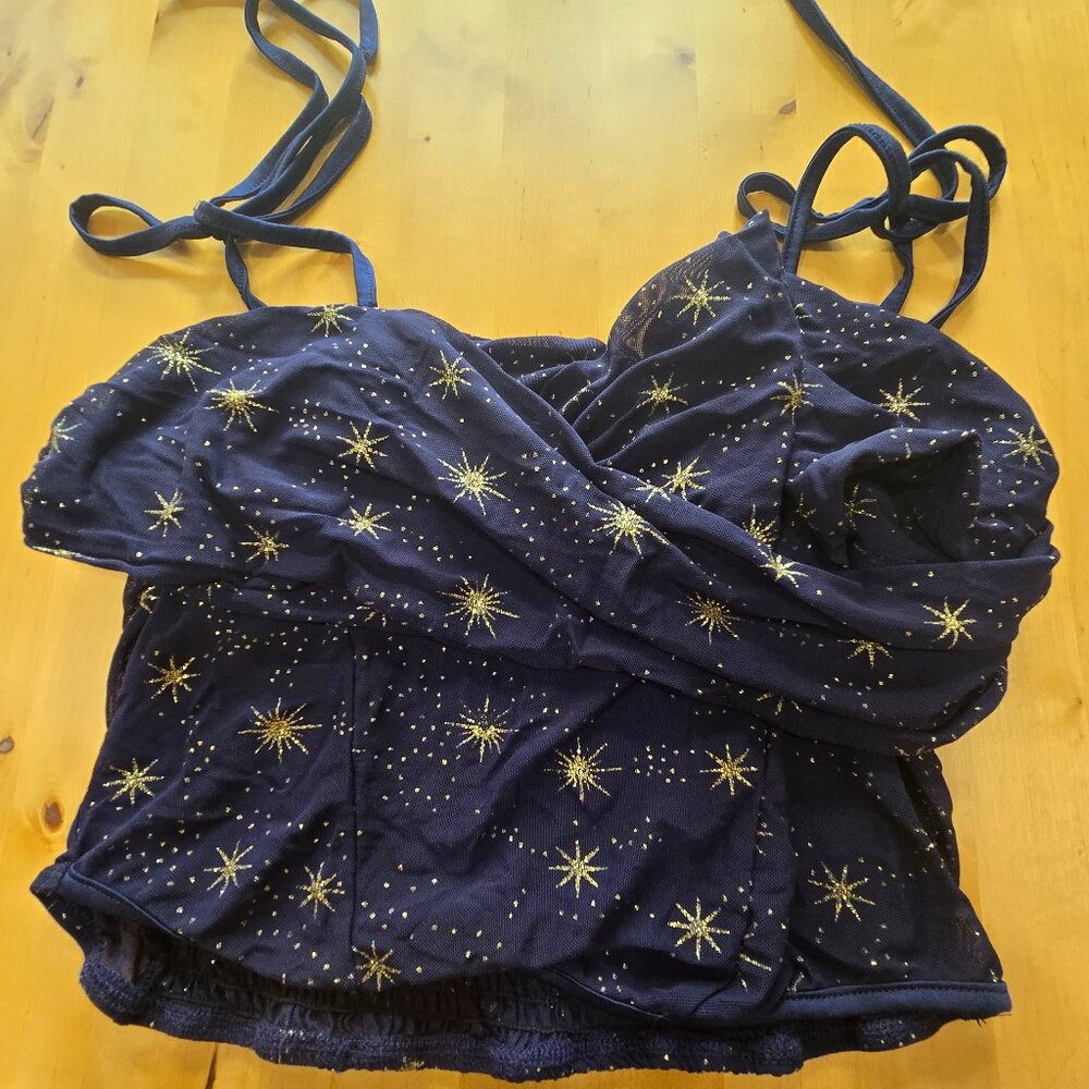 Women's Shein pull over crop halter top spaghetti traps silver glitter star blue